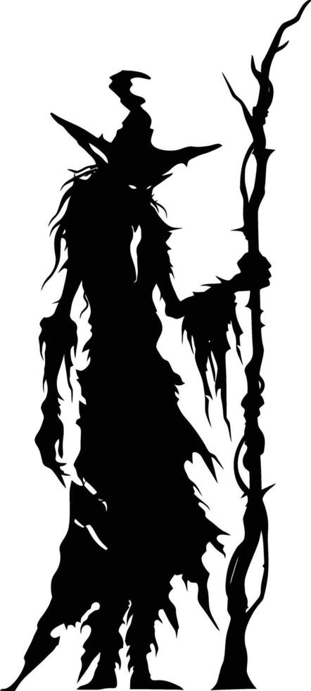 AI generated Silhouette goblin mythical race from game mage wit staff black color only vector