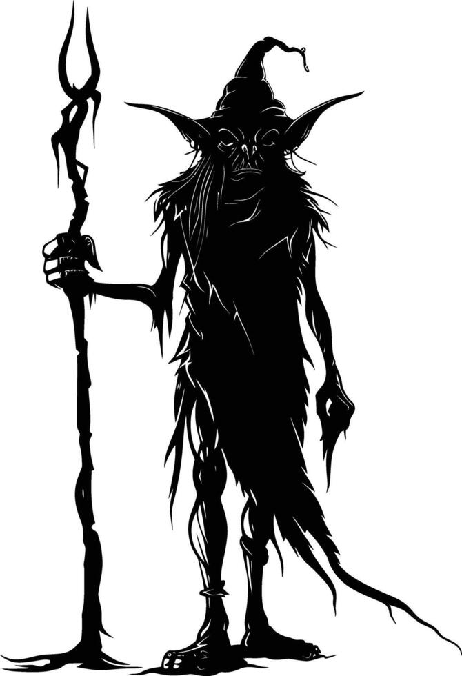 AI generated Silhouette goblin mythical race from game mage wit staff black color only vector