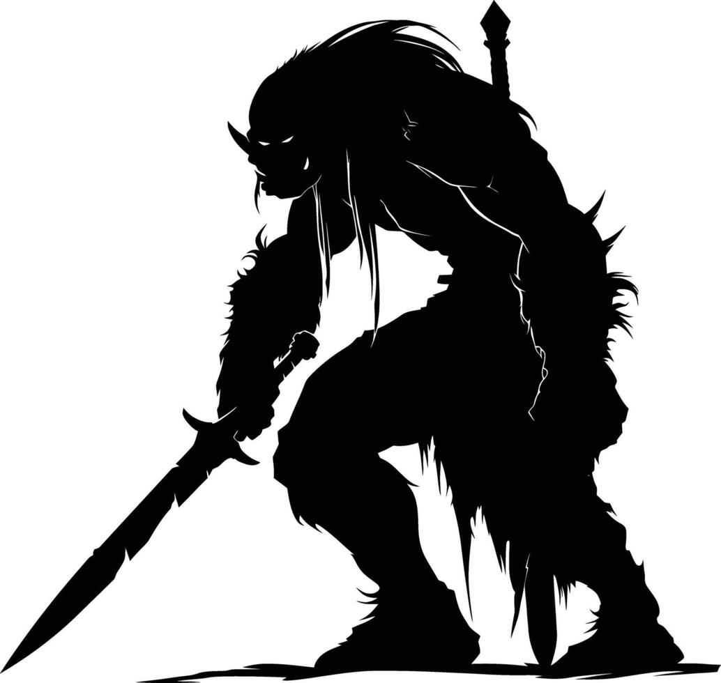 AI generated Silhouette goblin mythical race from game warrior with sword black color only vector