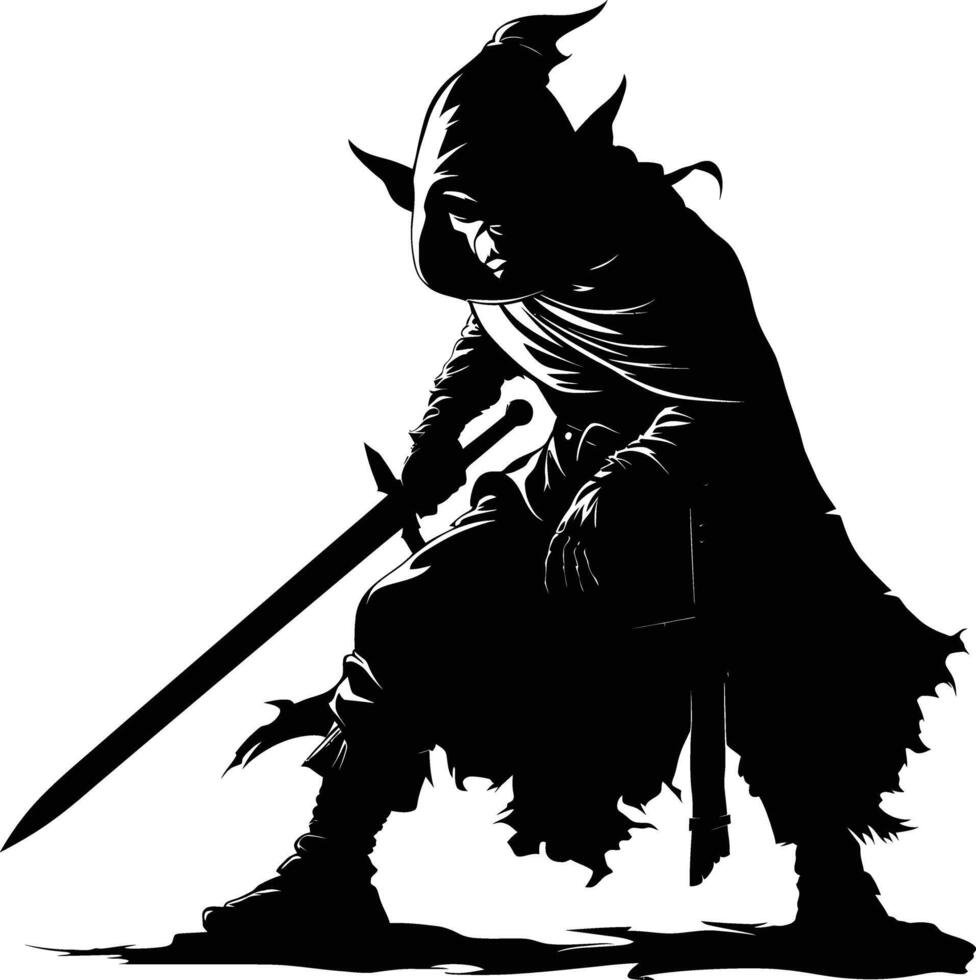 AI generated Silhouette goblin mythical race from game warrior with sword black color only vector