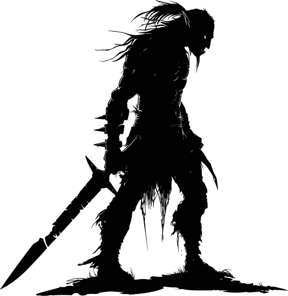 ai generado silueta duende mítico carrera desde juego guerrero con espada negro color solamente vector