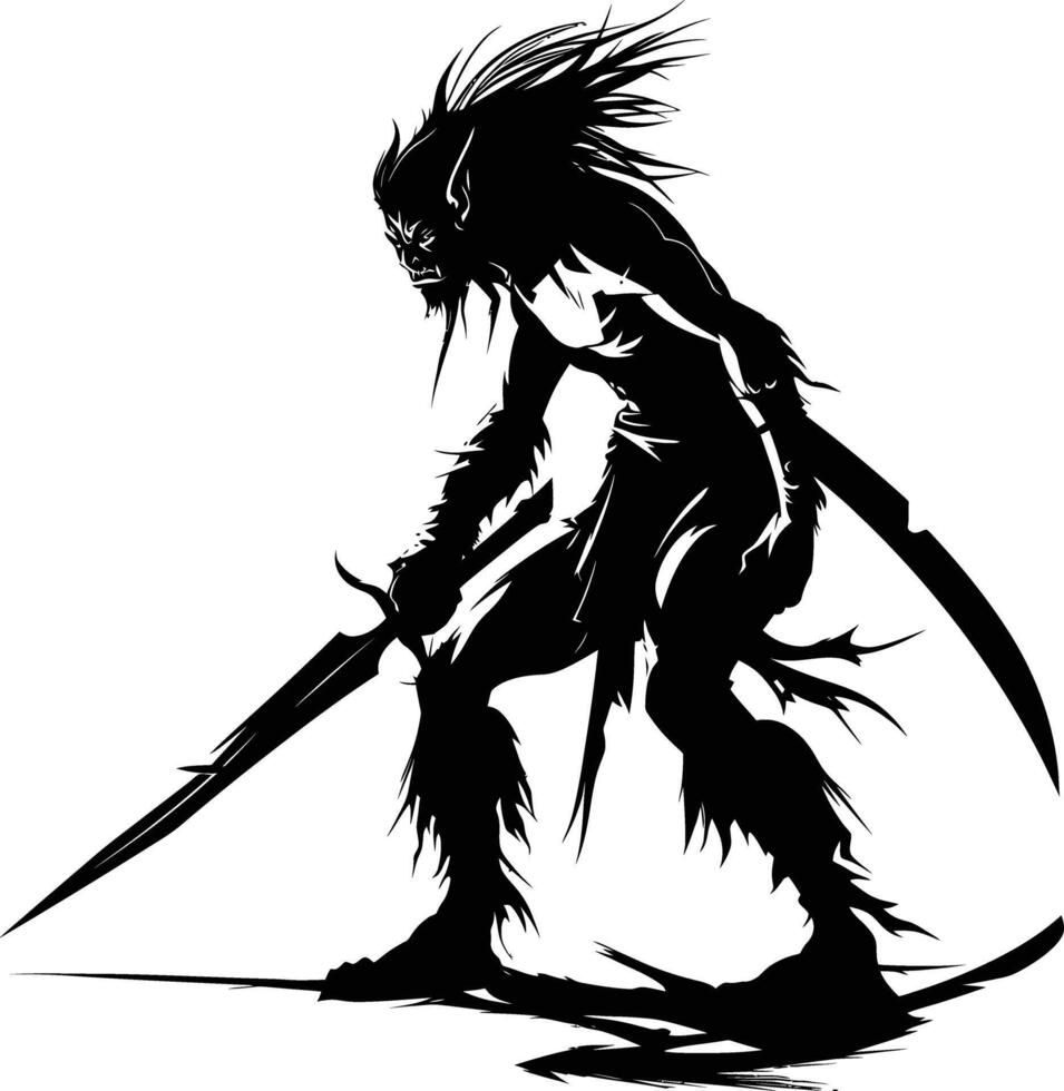 AI generated Silhouette goblin mythical race from game warrior with sword black color only vector