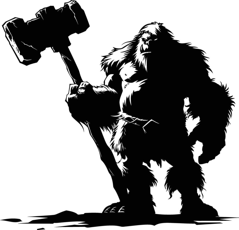 AI generated Silhouette ogre mythical race from game with big hammer black color only vector