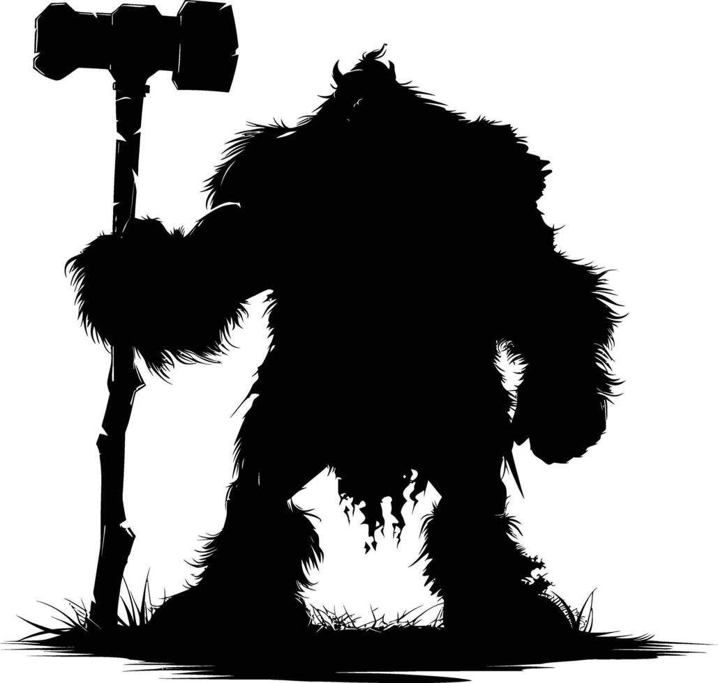 AI generated Silhouette ogre mythical race from game with big hammer black color only vector