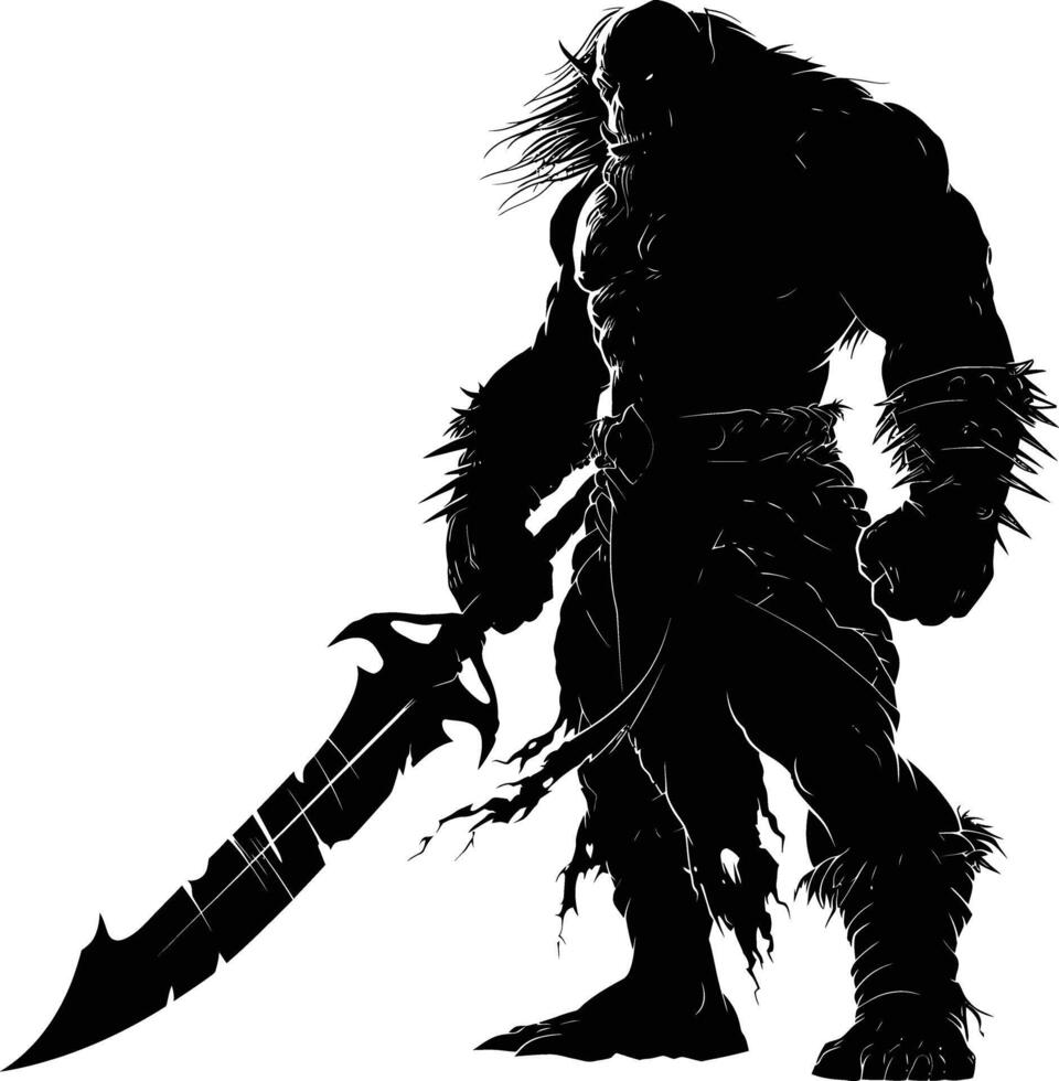 AI generated Silhouette orc mythical race from game with big sword black color only vector