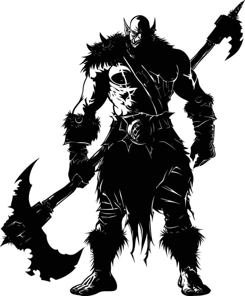 AI generated Silhouette orc mythical race from game with big ax black color only vector