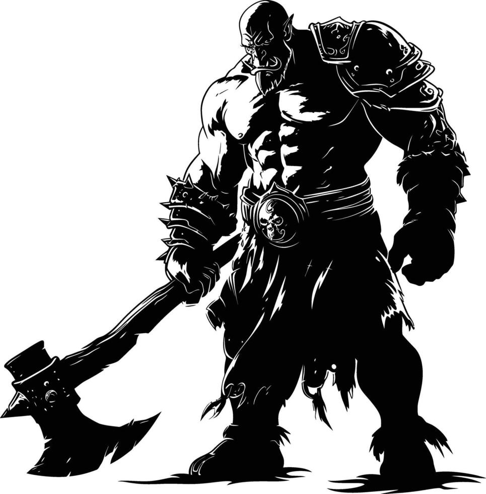 AI generated Silhouette orc mythical race from game with big ax black color only vector