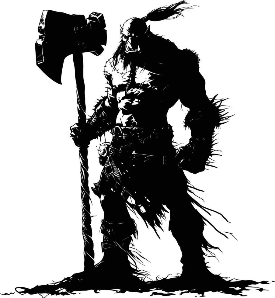 AI generated Silhouette orc mythical race from game with big hammer black color only vector