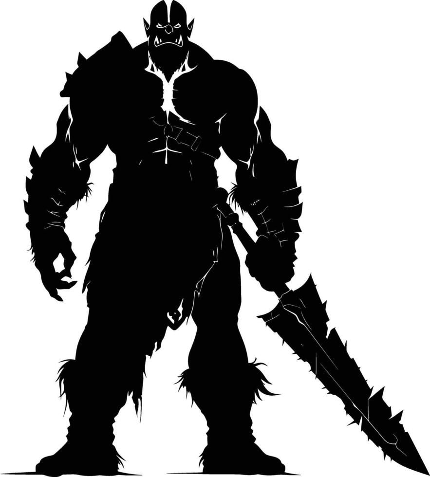 AI generated Silhouette orc mythical race from game with big sword black color only vector