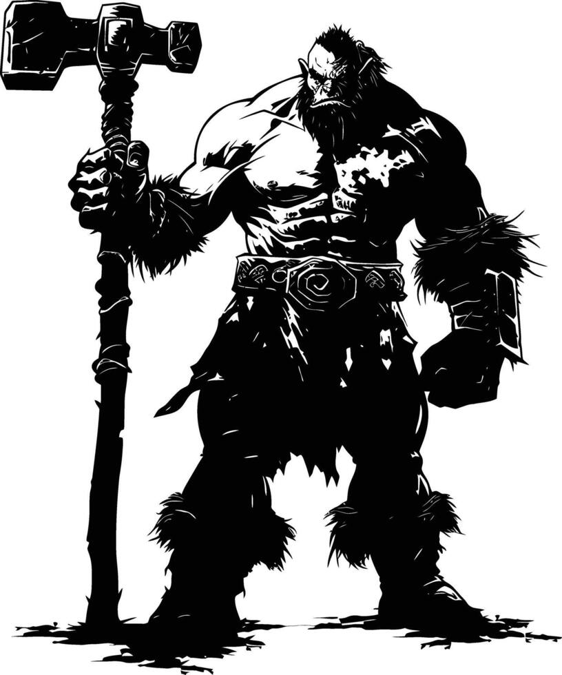 AI generated Silhouette orc mythical race from game with big hammer black color only vector