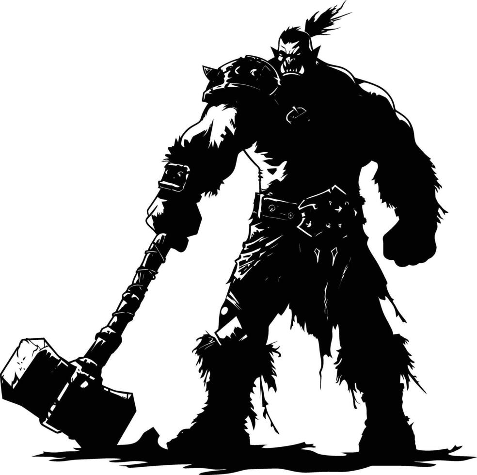 AI generated Silhouette orc mythical race from game with big hammer black color only vector