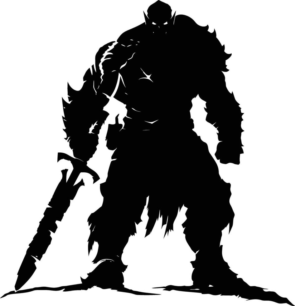 AI generated Silhouette orc mythical race from game with big sword black color only vector