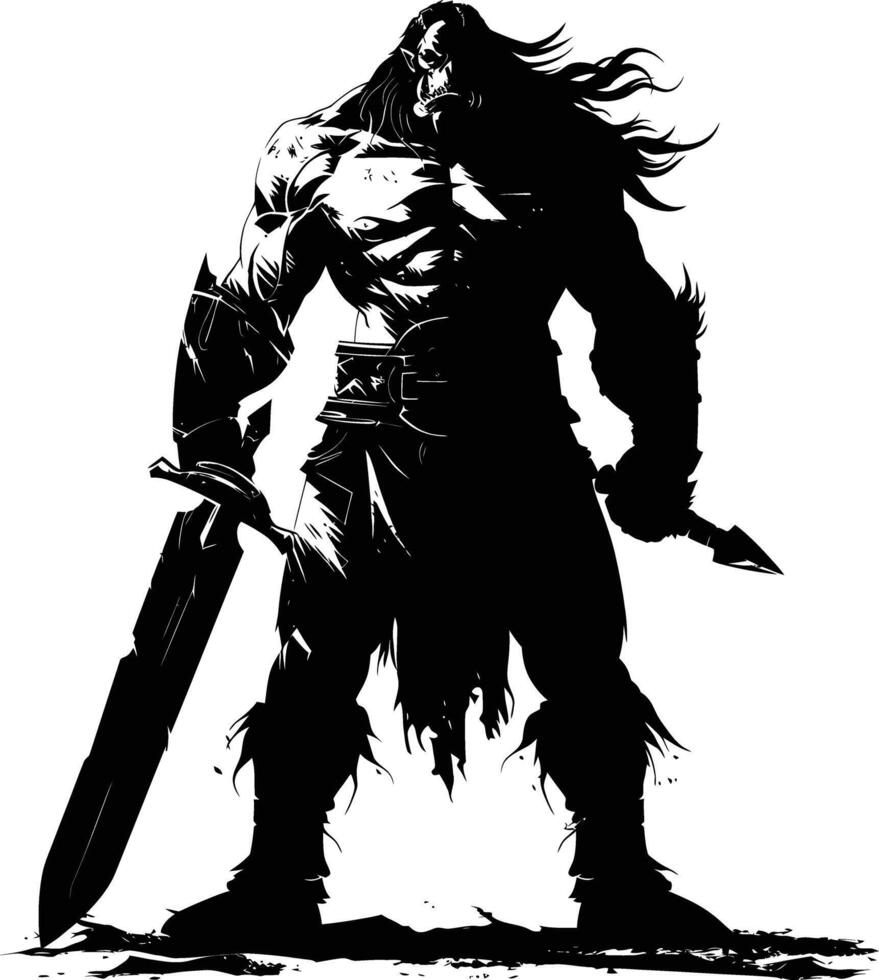 AI generated Silhouette orc mythical race from game with big sword black color only vector