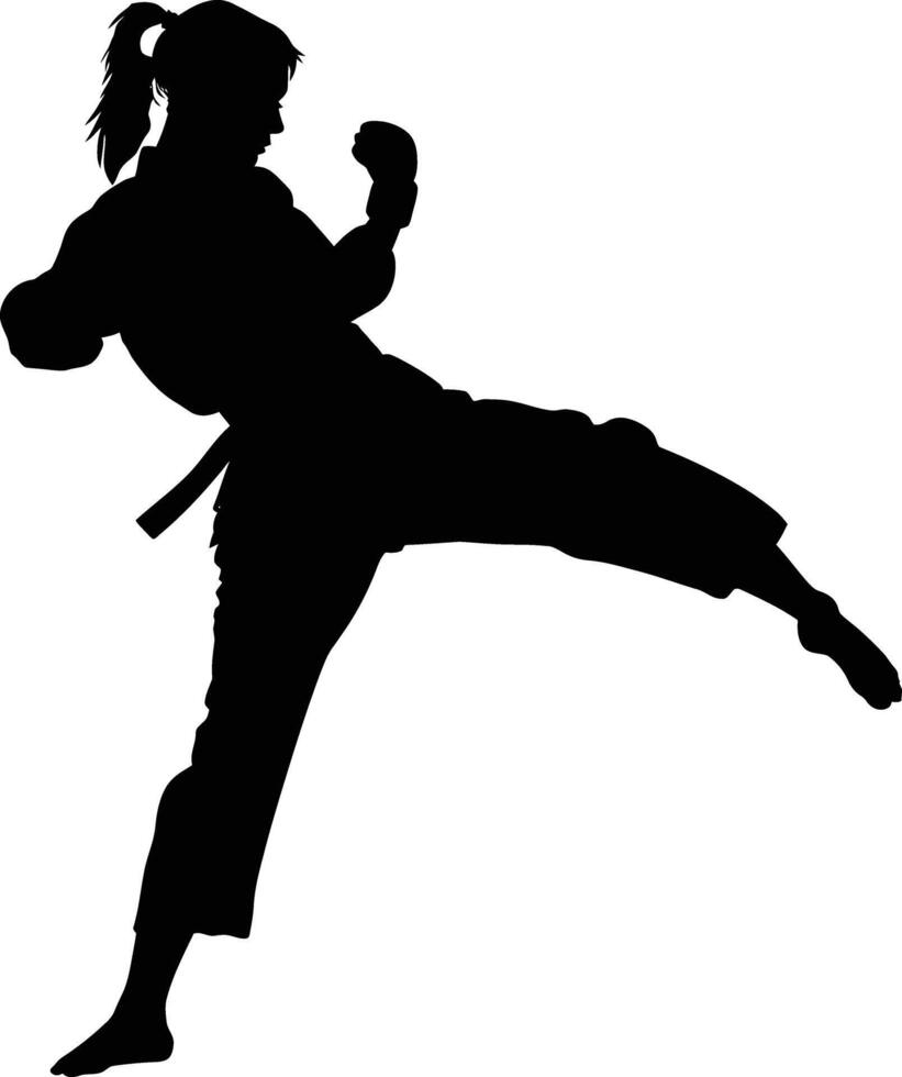 ai generado silueta tae kwon hacer o kárate mujer patada lleno cuerpo negro color solamente vector