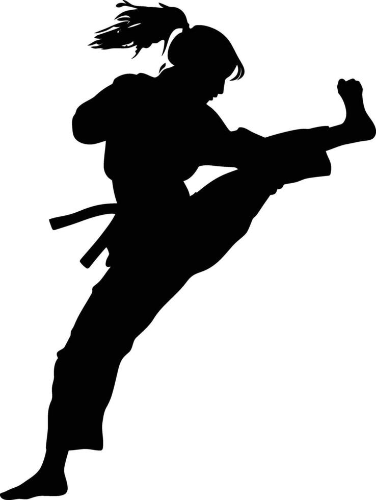 AI generated Silhouette tae kwon do or karate women kick full body black color only vector