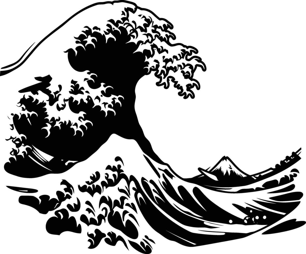 AI generated Silhouette wave on the beach black color only vector