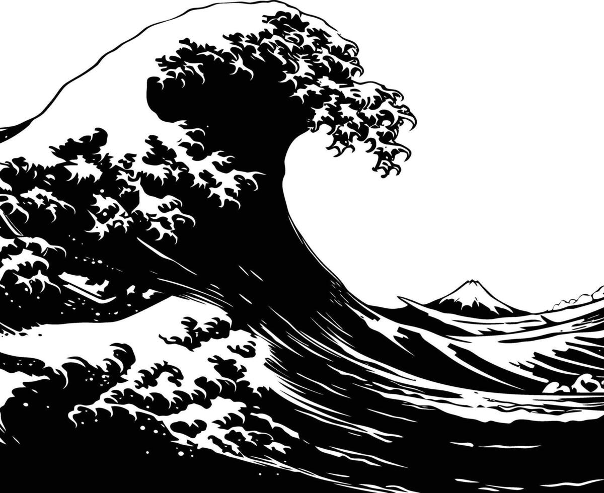 AI generated Silhouette wave on the beach black color only vector