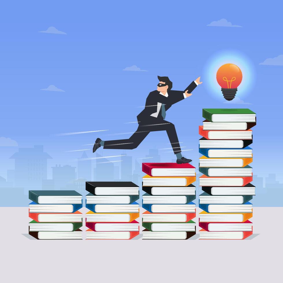Businessman running over a pile of books, going to pick up a light bulb. Ideas theft concept illustration vector