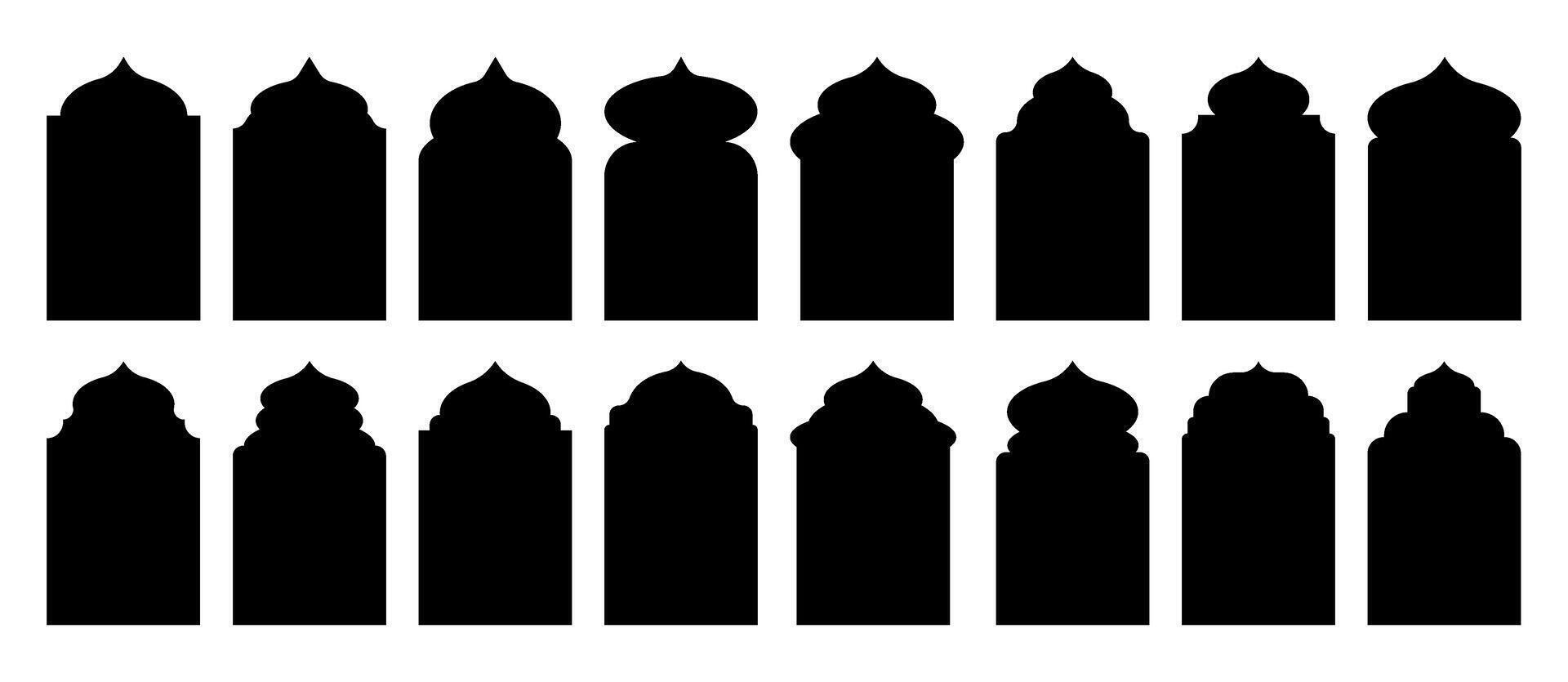 Set of oriental arches. Islamic icons of windows and doors. Silhouettes of traditional oriental design patterns. Vector illustration.