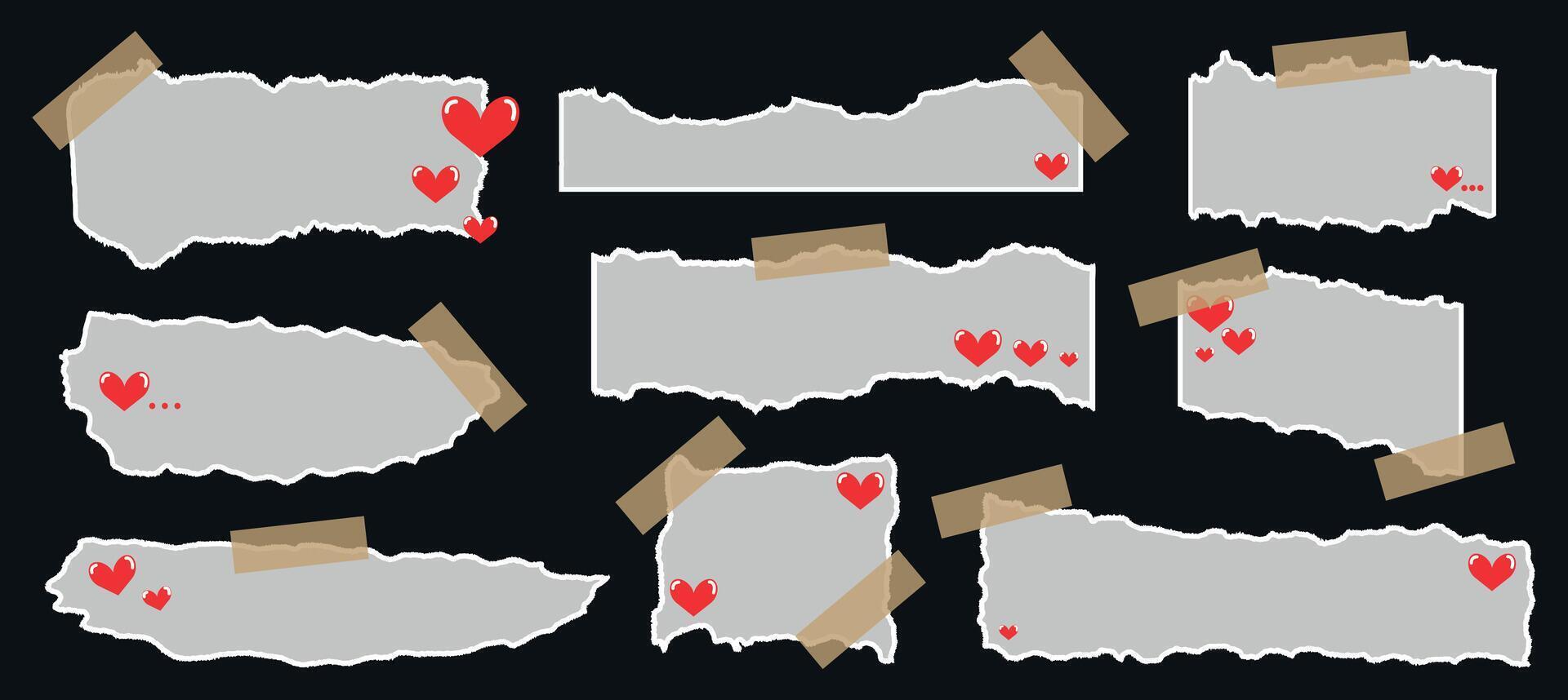 Set of torn sheets of paper, with tape stickers and hearts. Realistic scraps of paper for the design of posters, cards, web design, collages. Modern vector illustration with a Valentine's Day theme.