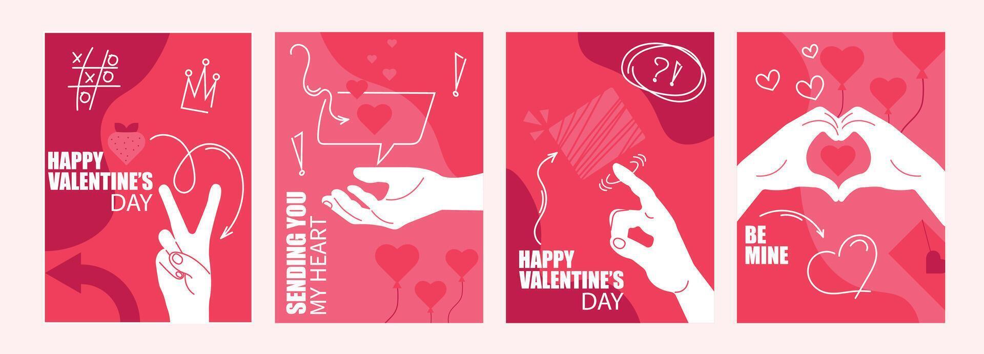 Set of Valentine's Day cards with hand drawn elements and shapes. Modern vector illustration for Cards, banner, poster, brochure, congratulations.