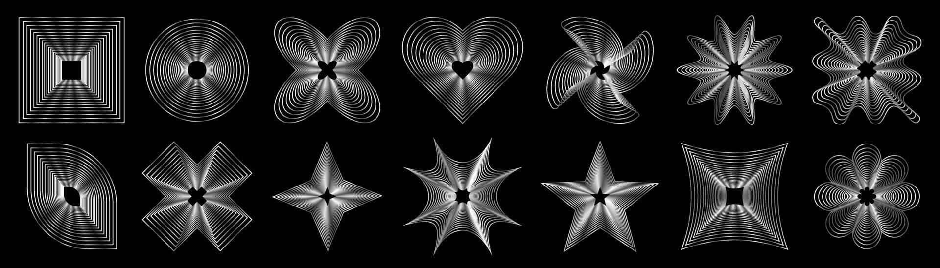 Abstract psychedelic set in trendy metallic chrome style of the 90s, 2000s. Futuristic shapes, star, circle, heart. Vector. vector