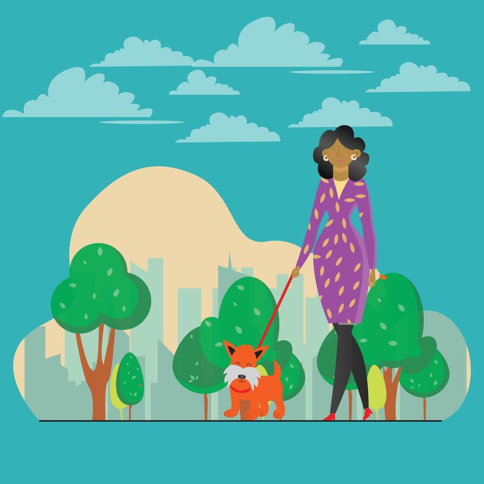 Girl walking with a dog in the market. Urban pet life. A cute girl holding a cute puppy, Vector Art
