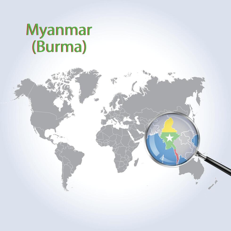 un aumentador vaso en myanmar birmania de el mundo mapa, enfocar myanmar birmania mapa con degradado antecedentes y myanmar birmania bandera en mapa, vector Arte