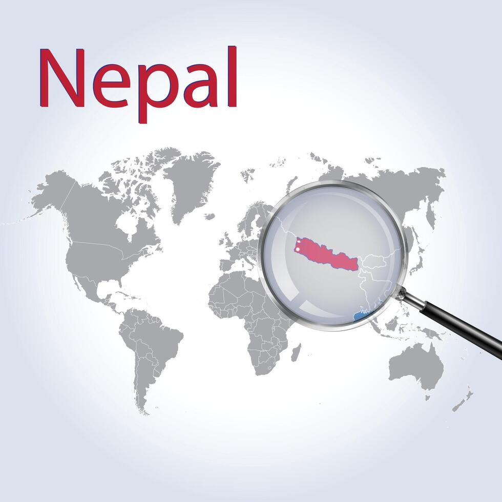 A Magnifying Glass on Nepal of the World Map, Zoom Nepal map with gradient background and Nepal flag on map, Vector art