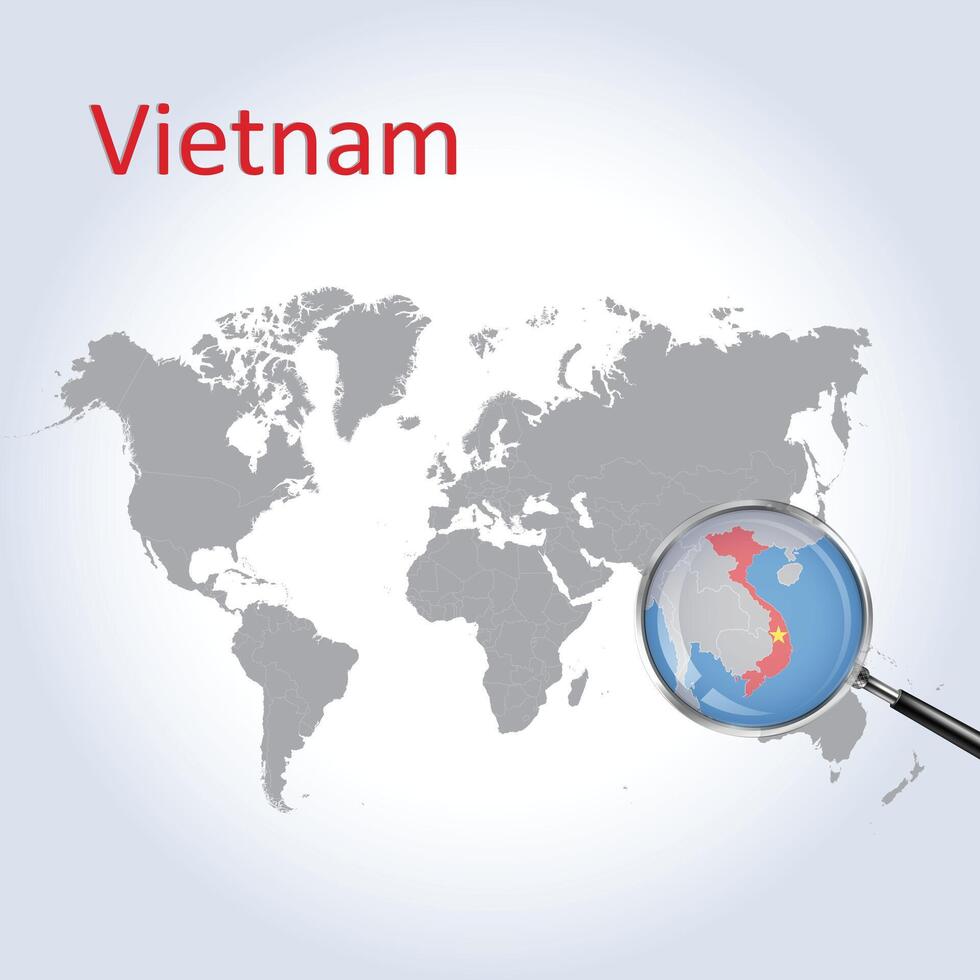 un aumentador vaso en Vietnam de el mundo mapa, enfocar Vietnam mapa con un degradado antecedentes y Vietnam bandera en el mapa, vector Arte