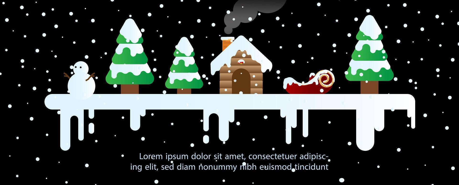 escena de sata país casa con nevando en plano estilo con ejemplo textos en negro antecedentes. saludo tarjeta y póster de Navidad celebracion en vector diseño.