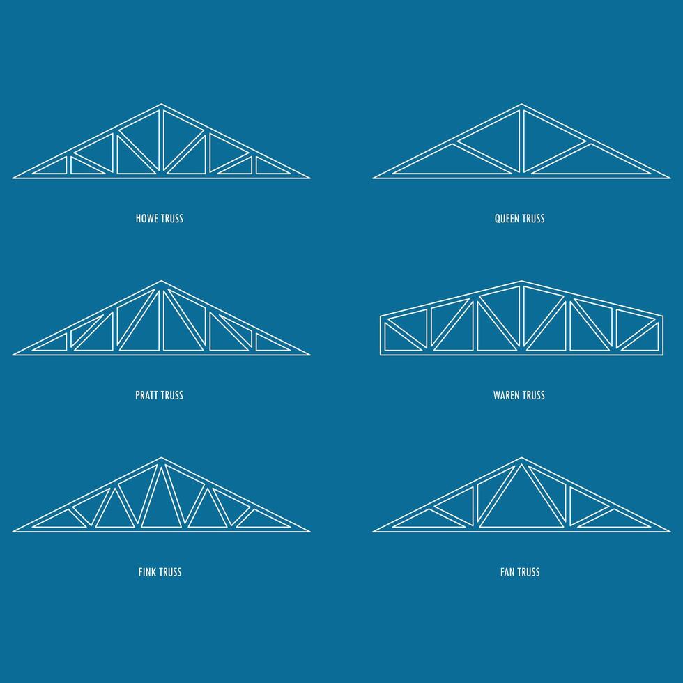 Roof metal trusses constructions. Set of roofing steel frames. Vector architectural blueprint. Collection of elements for rafter. Illustration for engineering education. Vector EPS10.