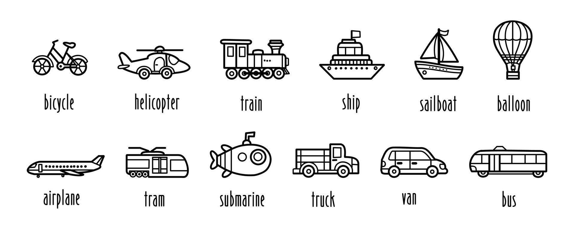 Set of transportation modes icons, black and white doodle line art, cute elements for infographic, travel guides,etc. vector illustration.