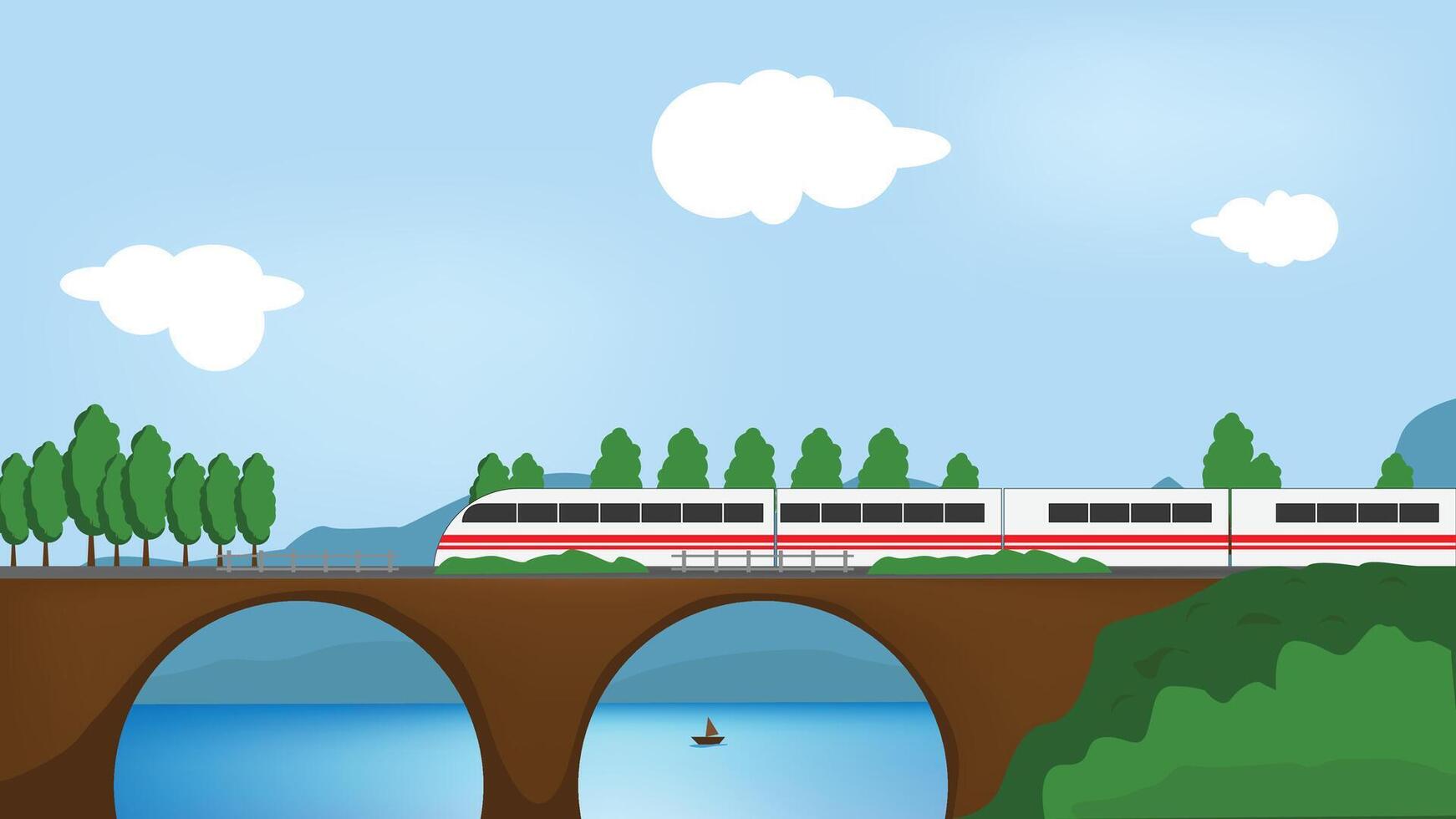 a fast train is passing through a bridge with beautiful views vector