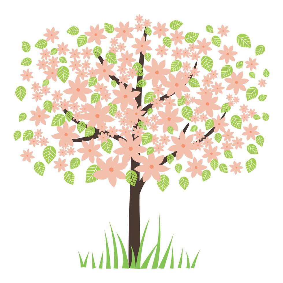 llustration with a blooming tree. Pink, green, light brown. For the design of postcards, invitations, posters vector