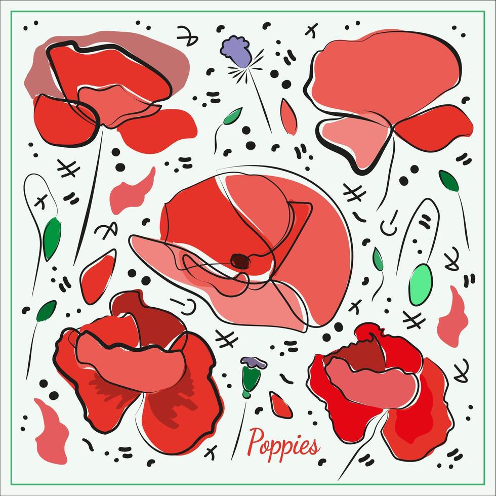 Hand-drawn sat of illustration with poppies, lines and doodles. texture. Delicate green, red and pink colors. It can be used for  wallpaper, wrapping paper, notebooks. vector