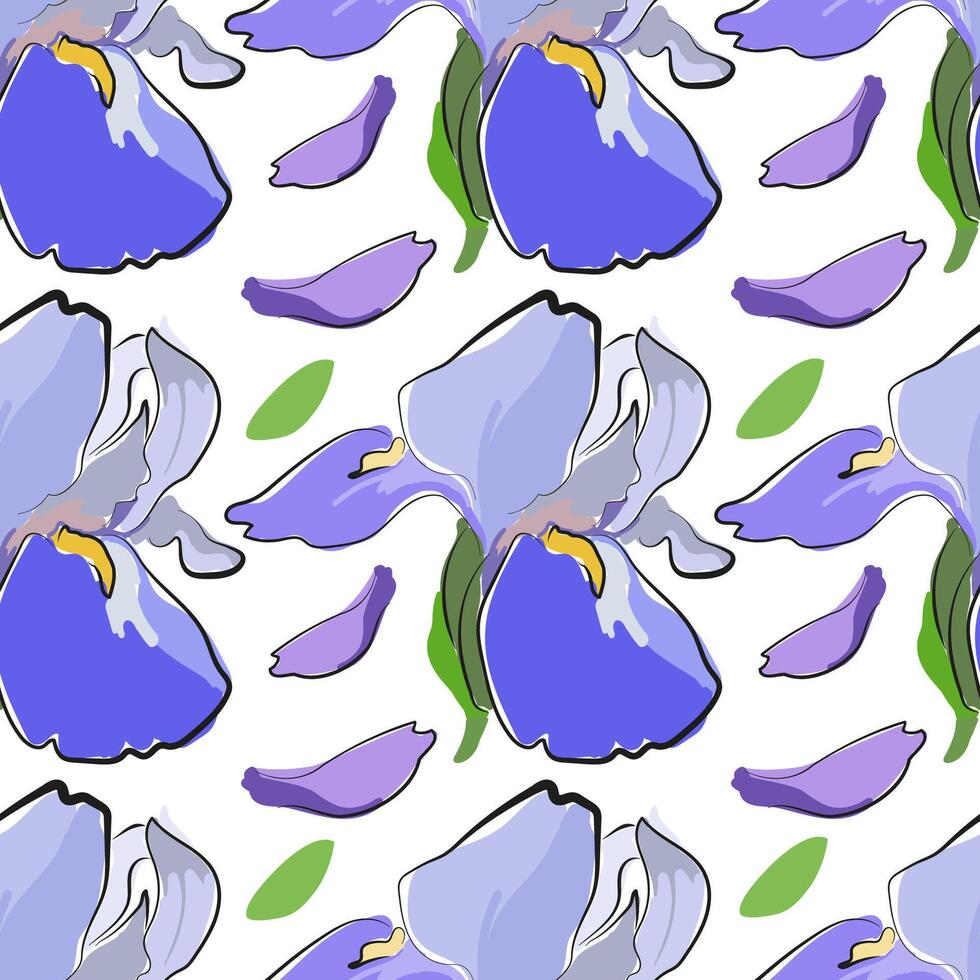 The seamless pattern with elements of leaves and flowers. Hand drawn.  Irises. Green, blue, purple.  Whitebackground. Summer floral decorative print. Suitable for textiles, fasion vector
