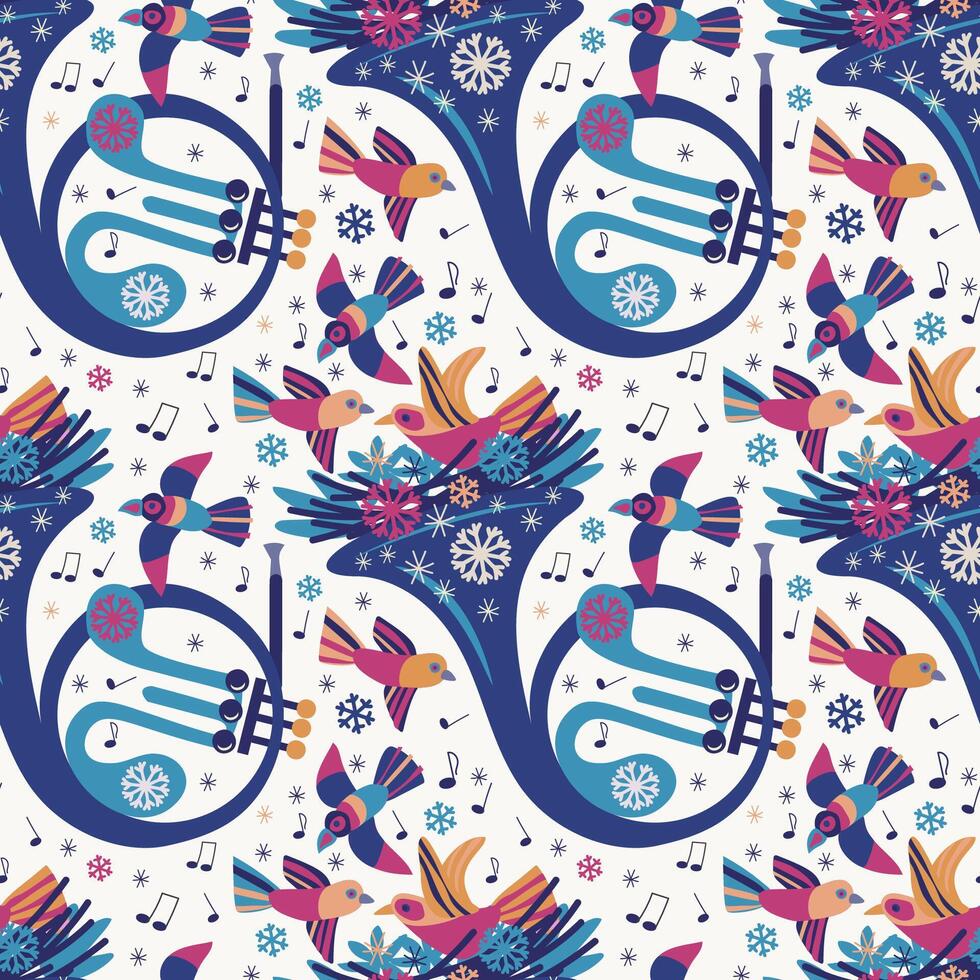 Seamless pattern with birds and french horn vector