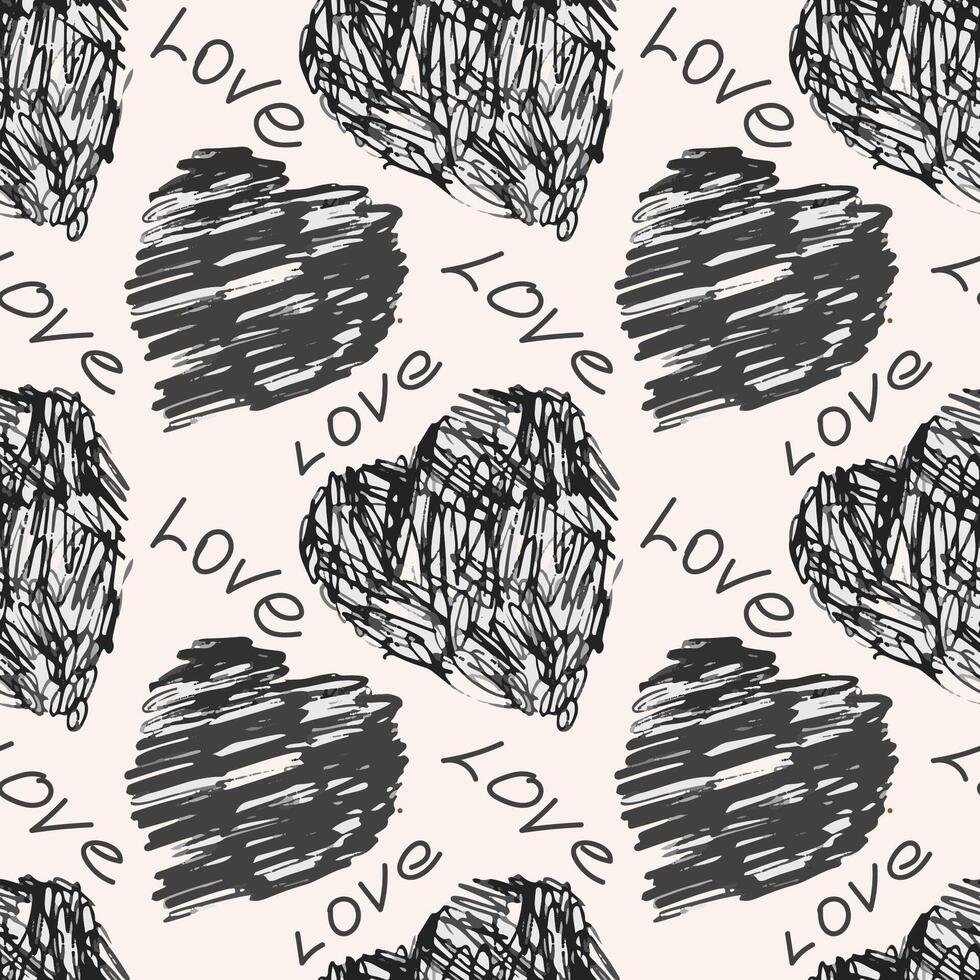 Monochrome Pattern with hearts decorated scribble vector
