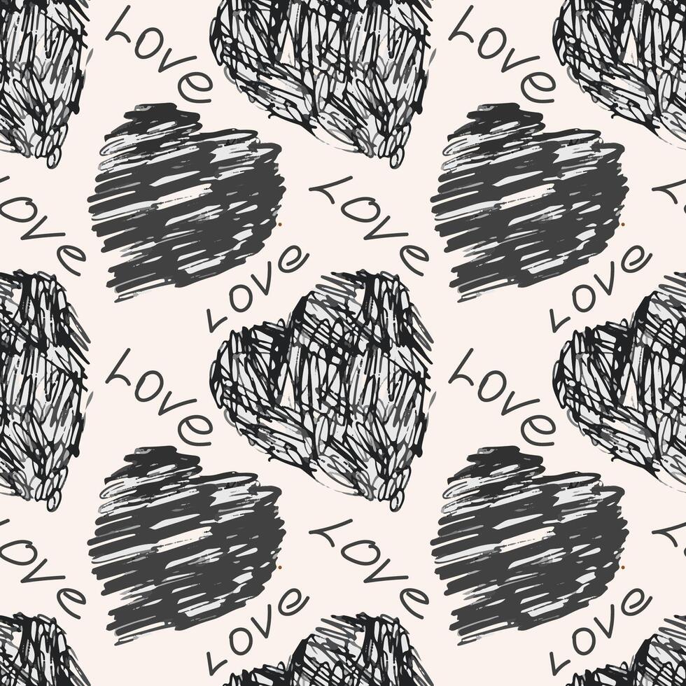 Monochrome Pattern with hearts decorated scribble vector