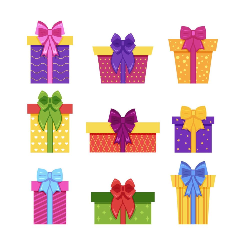 Gift boxes. Colorful gift boxes set. Vector illustration of cute present boxes on white background.