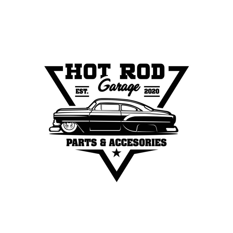 Hot Rod Garage Ready Made Logo Vector Illustration. Emblem Badge Logo Isolated. Best for Classic Car Garage and Mechanic Related Industry Logo