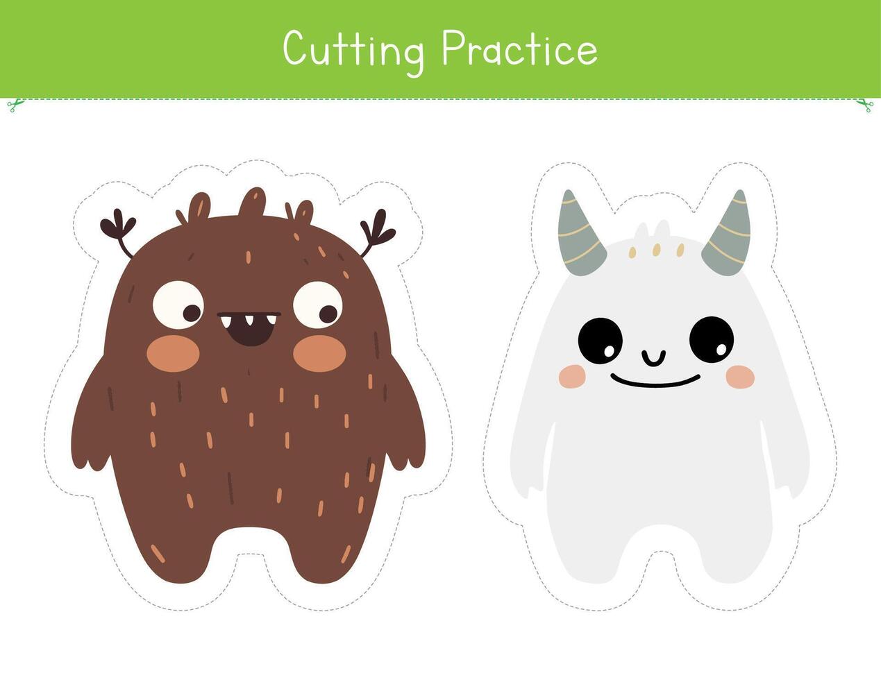 Cutting practice with cute and funny monsters. Fine motor skills worksheet for preschool and kindergarten. Educational game for school and homeschool vector