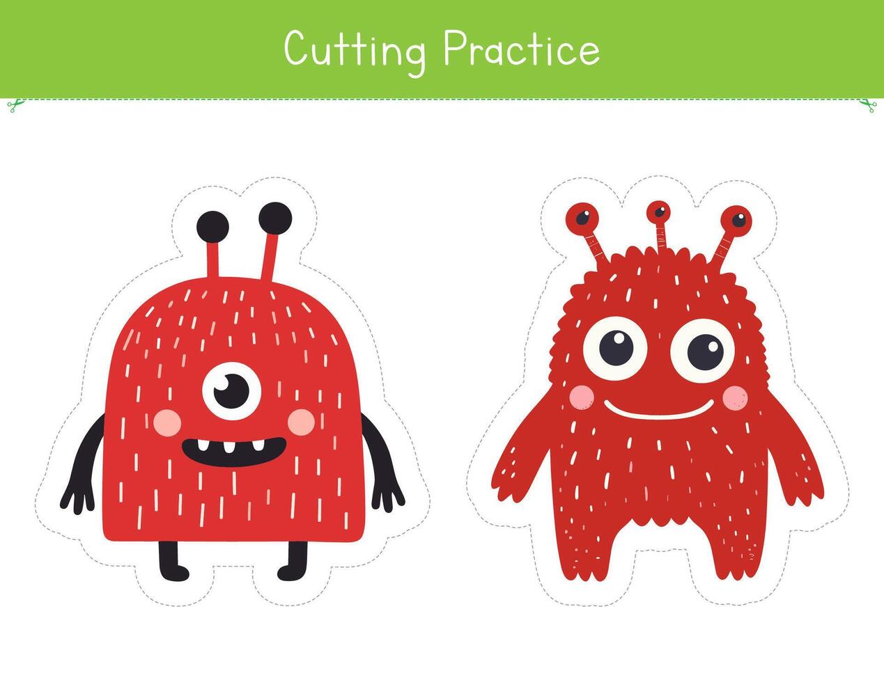 Cutting practice with cute and funny monsters. Fine motor skills worksheet for preschool and kindergarten. Educational game for school and homeschool vector