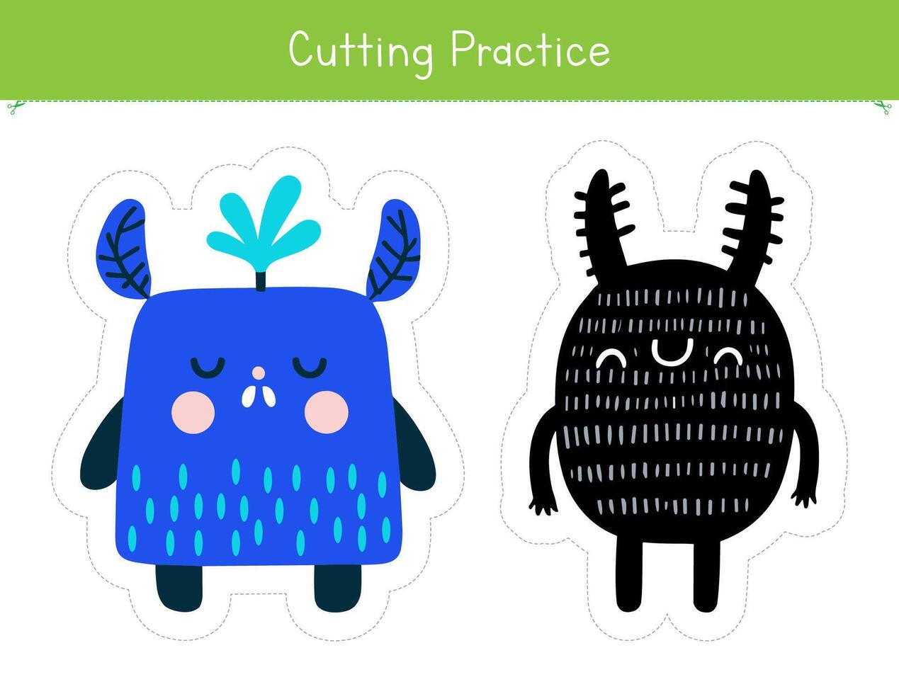Cutting practice with cute and funny monsters. Fine motor skills worksheet for preschool and kindergarten. Educational game for school and homeschool vector
