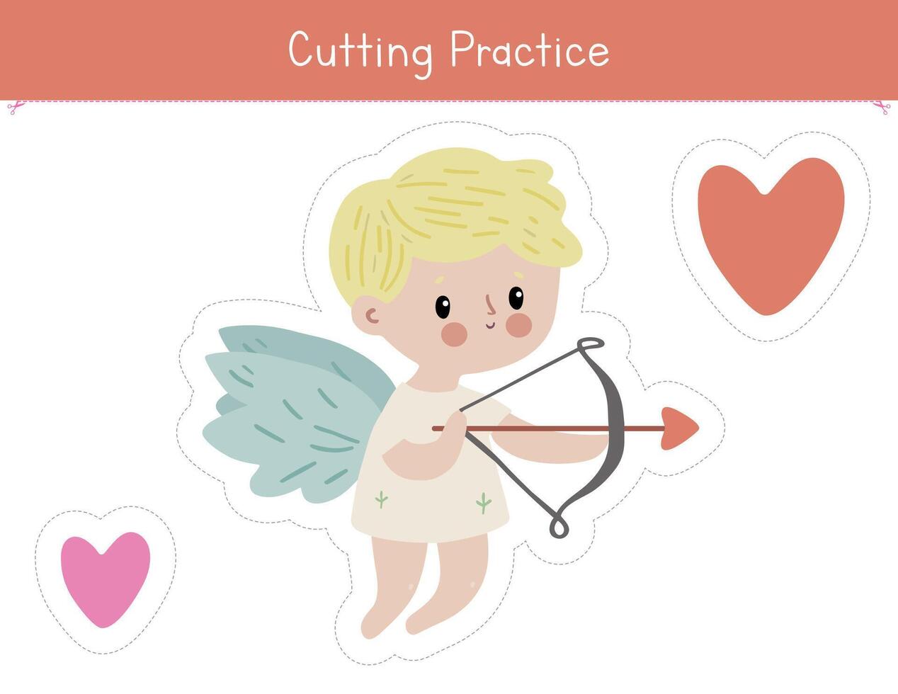 Valentine's Day educational game for kids. Cutting practice worksheet with cute cupid for preschool and kindergarten children. Scissor skills devellopment activity vector