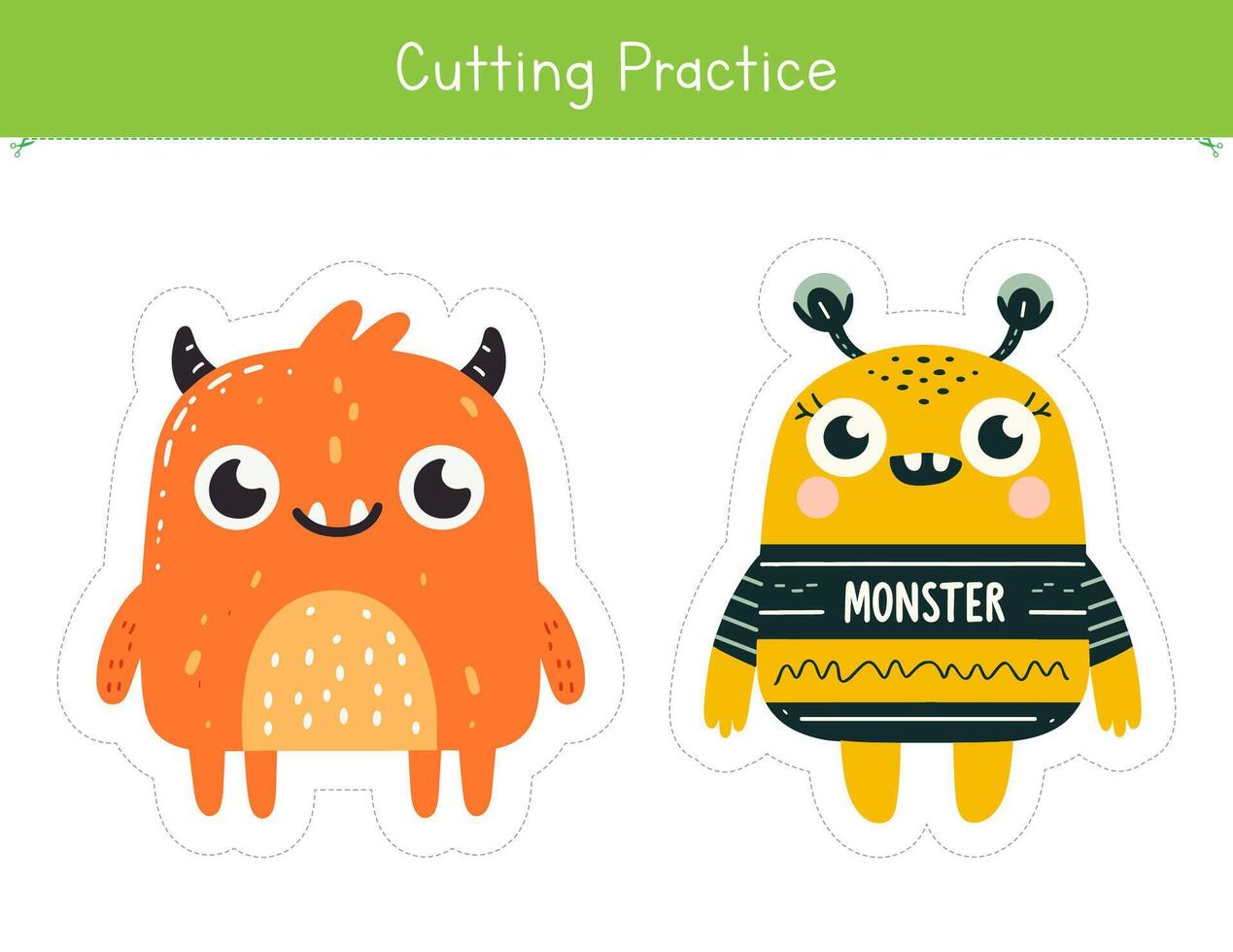 Cutting practice with cute and funny monsters. Fine motor skills worksheet for preschool and kindergarten. Educational game for school and homeschool vector