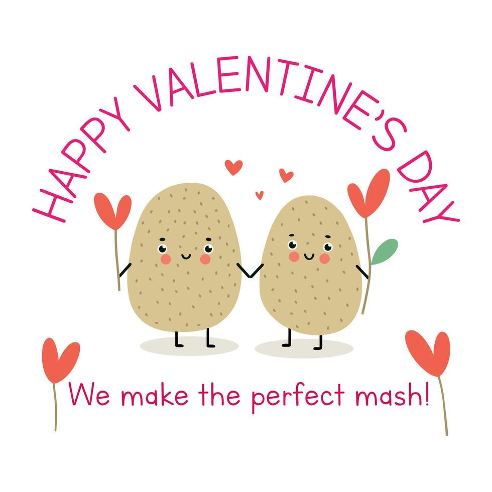 Happy Valentine's Day illustration of two cute potatoes in love for children. Valentine clipart. Greeting card design vector