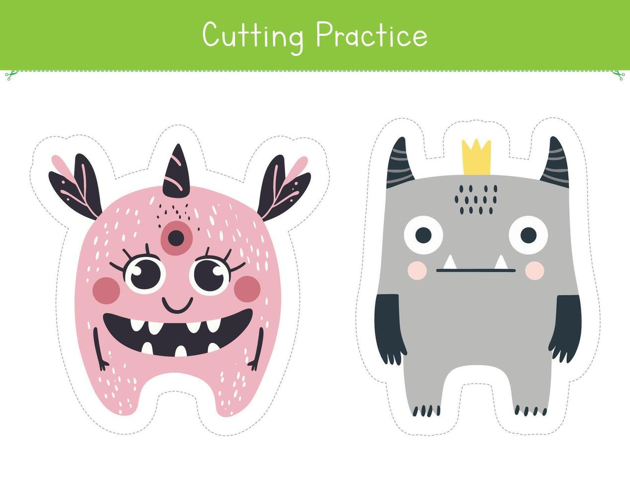 Cutting practice with cute and funny monsters. Fine motor skills worksheet for preschool and kindergarten. Educational game for school and homeschool vector