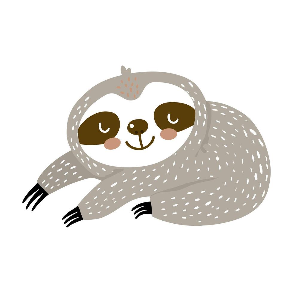 Cute sloth illustration for kids in Scandinavian or nordic style. Wild animals clipart vector